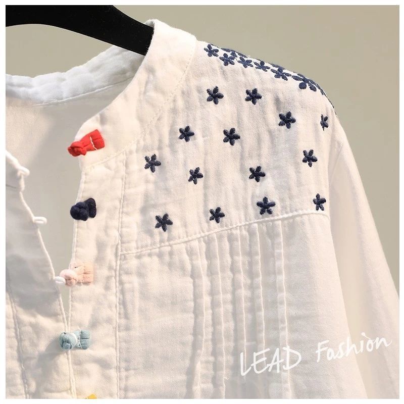 Áo Sơ Mi Cotton Lanh Dáng Rộng Màu Trắng Cài Nút Thời Trang Cho Nữ