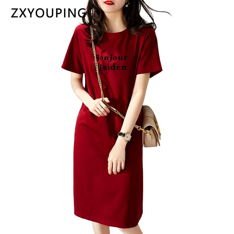 Đầm thun ZXYOUPING dáng rộng in chữ cá tính cho nữ