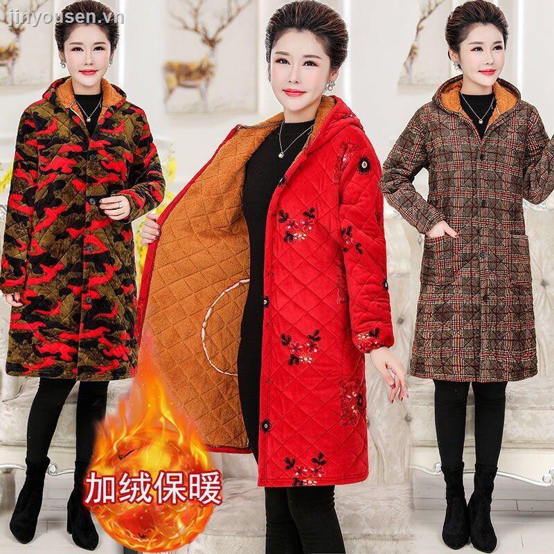 Áo Khoác Cotton Phối Nhung Dáng Dài Thời Trang Thu Đông Mới Cho Phụ Nữ Trung Niên 40-50 Tuổi