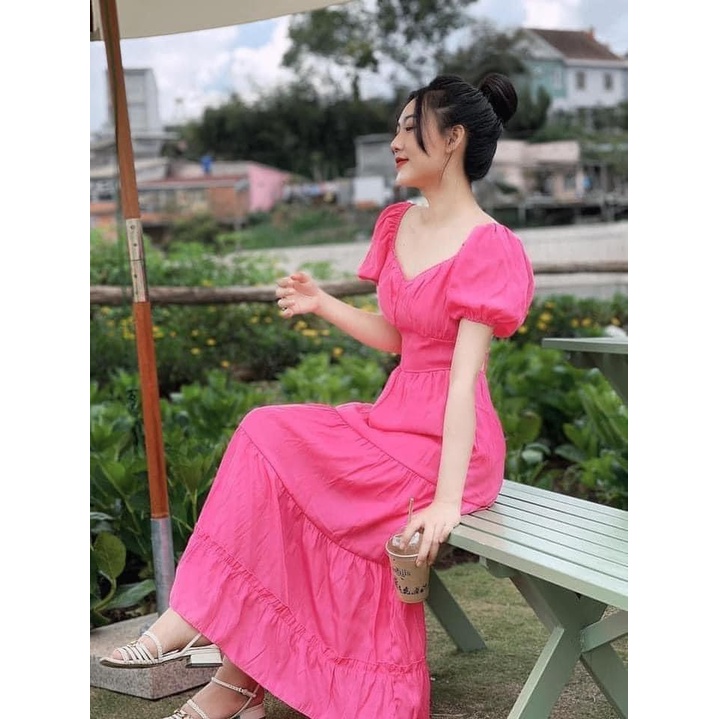 Đầm maxi hồng cánh tiên dáng dài 120cm hở lưng