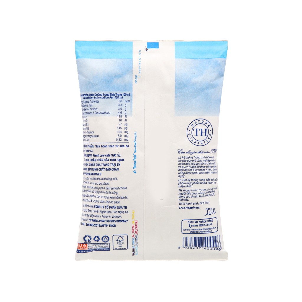 5 BỊCH Sữa tươi tiệt trùng nguyên chất không đường TH true MILK bịch 220ml