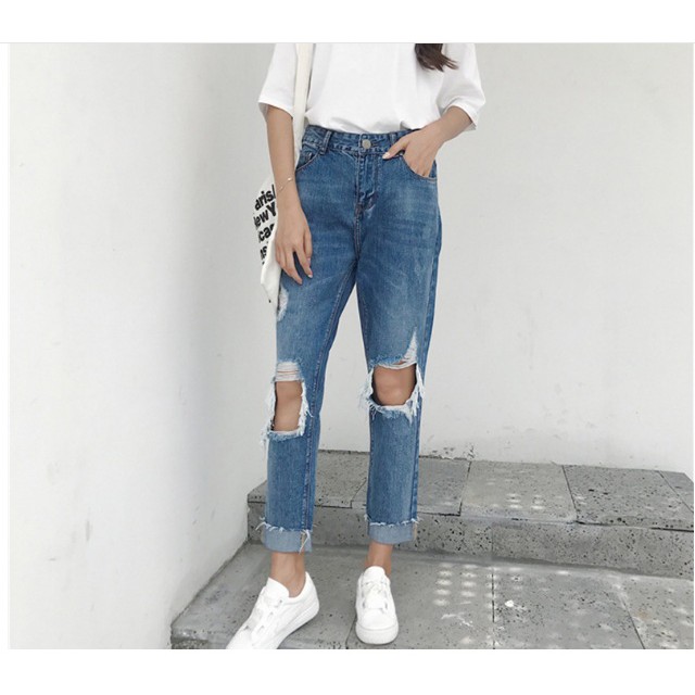 [TẶNG KÈM QUÀ] Quần jean lửng rách gối sành điệu, năng động, hàng Quảng Châu chất lượng