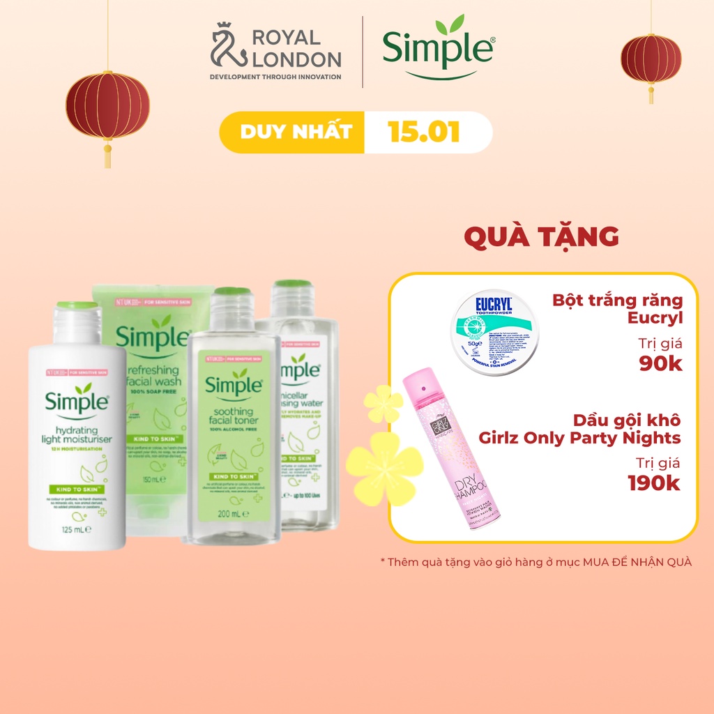 Combo Chăm Da Cơ Bản SIMPLE Nước Tẩy Trang 200ml + Sữa Rửa Mặt 150ml + Toner 200ml + Sữa dưỡng 125ml