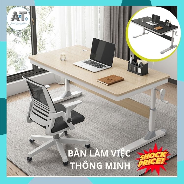 Bàn Văn Phòng, Bàn Làm Việc, Bàn Học Có Cần Nâng Hạ Mặt Gỗ Trơn Bóng Cao Cấp