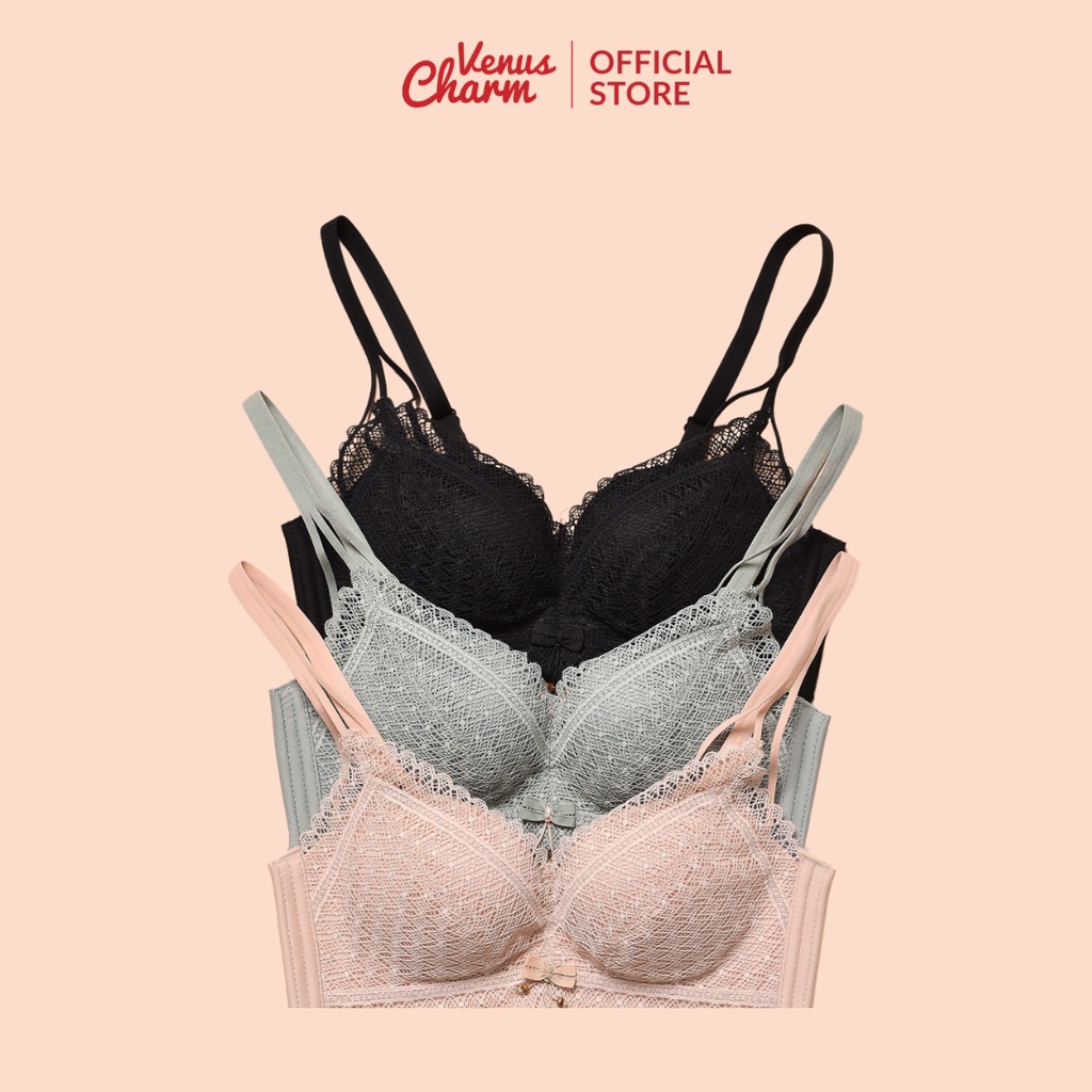 Áo ngực không gọng đệm dày 2.5cm họa tiết ren nâng ngực tạo khe tự nhiên thoải mái Venus Charm 9727