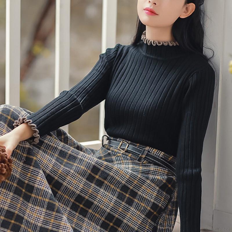 Áo len tay dài cổ cao màu trơn