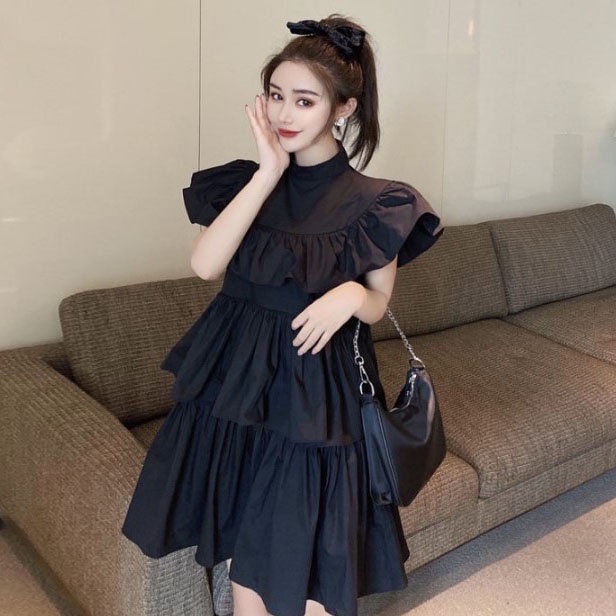 Đầm babydoll xếp tầng Vintage màu đen