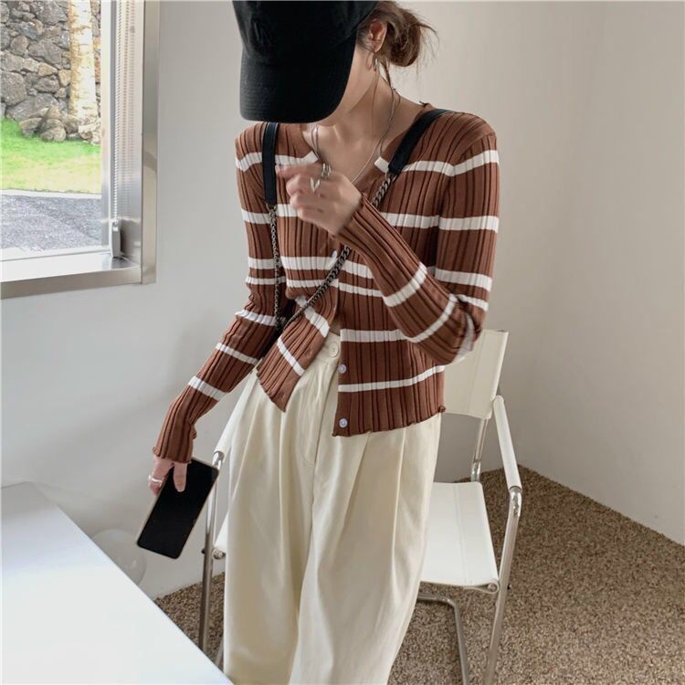 Áo cardigan dệt kim tay dài ôm dáng vừa vặn cổ chữ V họa tiết kẻ sọc thời trang dành cho nữ