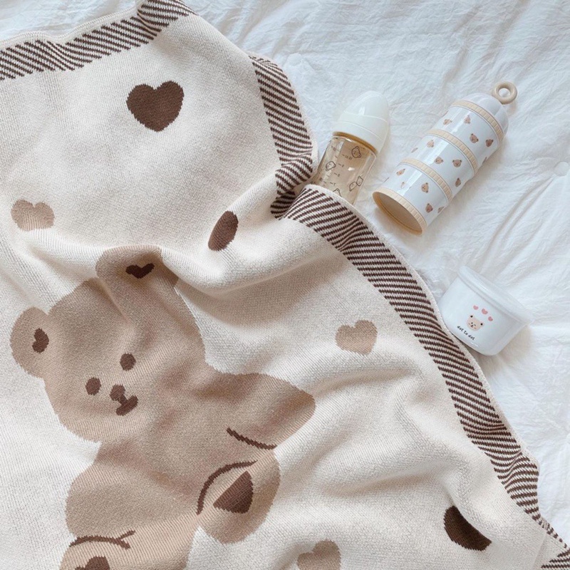Chăn Quấn Em Bé Chất Liệu Cotton Dệt Kim In Hình Gấu Thời Trang