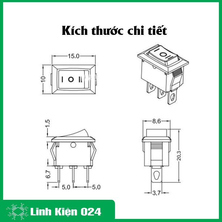 Công Tắc Bập Bênh KCD1 10x15mm 3 Chân 3 Chế Độ ON-OFF-ON