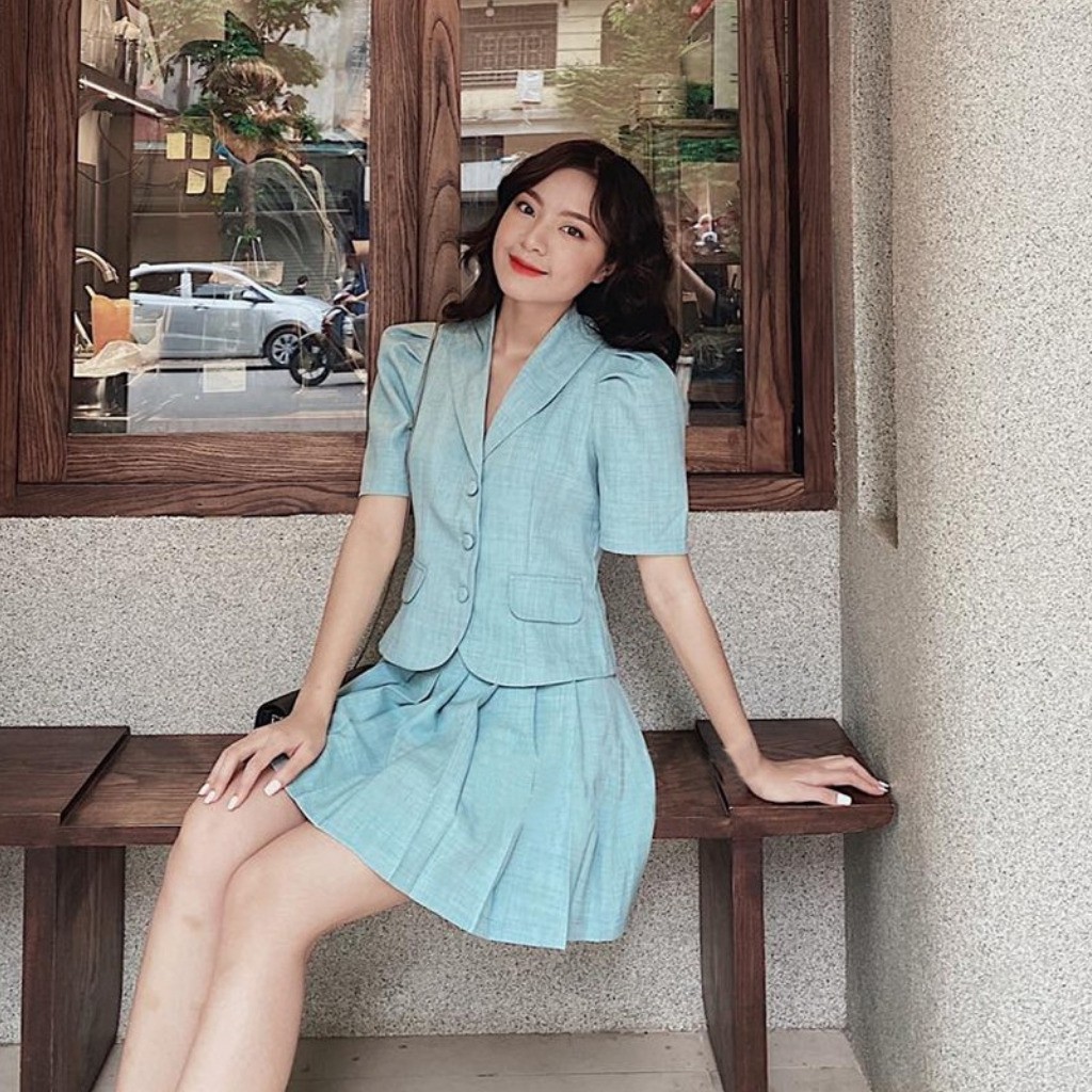 Bộ vest nữ kèm chân váy xếp ly siêu xinh, cổ sam, tay ngắn phong cách Hàn Quốc, có nhiều màu | BigBuy360 - bigbuy360.vn