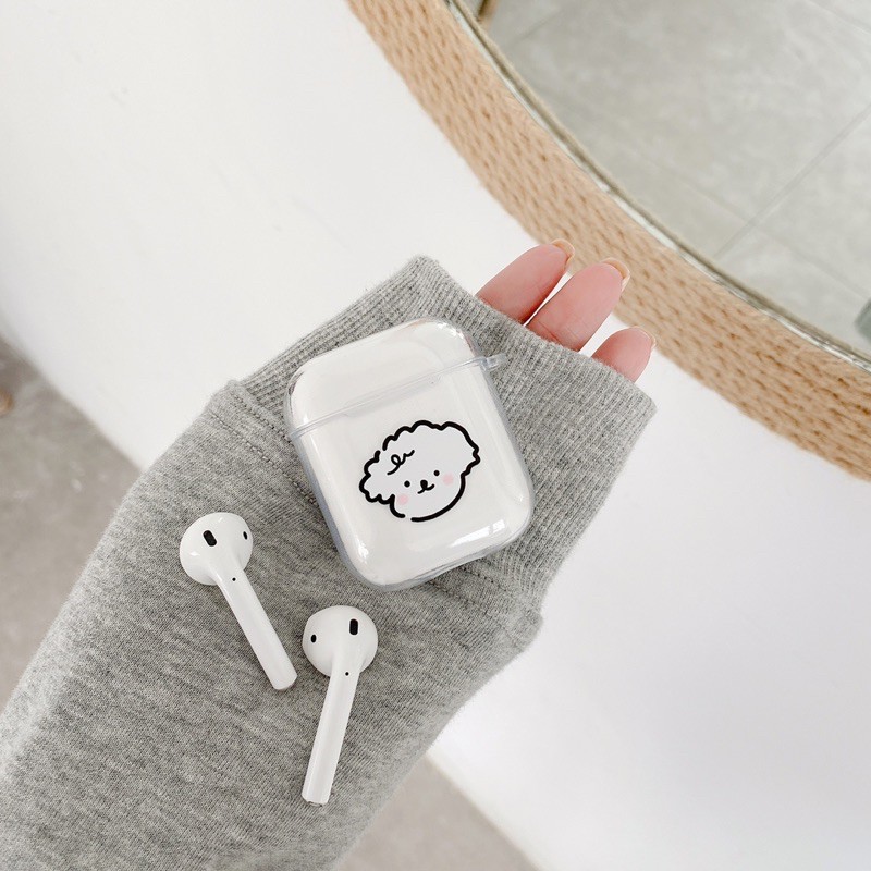 Vỏ case cún trắng bảo vệ bao đựng tai nghe airpods 1 2 PRO trong suốt in hình