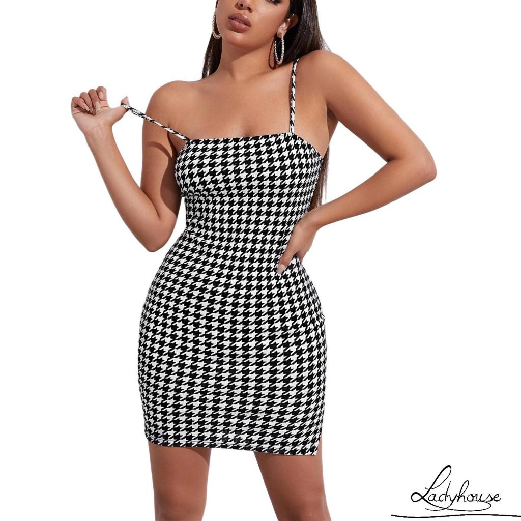 LD-Women’s Summer Sexy Suspender Dress Fashion Plaid Backless Tight-fitting Split Short Dress