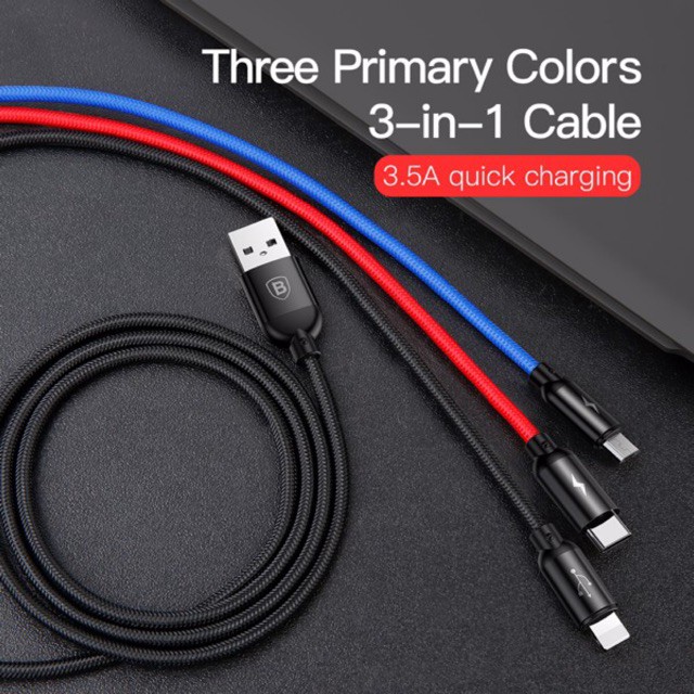 Cáp sạc 3 đầu Baseus Three Primary Colors CAMLT-ASY01 dài 30cm/120cm cổng LN/MicroUSB/TypeC bọc dù