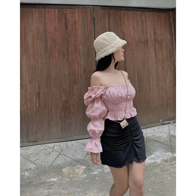 Áo kiểu croptop sọc kẻ caro tay phồng/ áo croptop cổ vuông tay phồng phối loe
