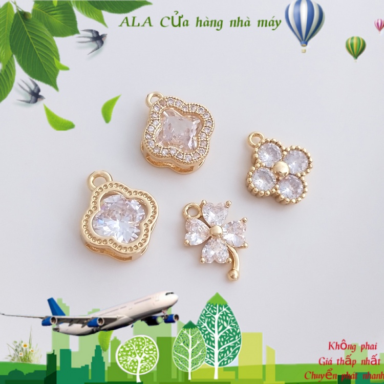 💖Đồ trang sức DIY💖Màu Sắc Mặt Vòng cổ Mạ Vàng 14k Hình Cỏ Bốn Lá Đính Đá Zircon