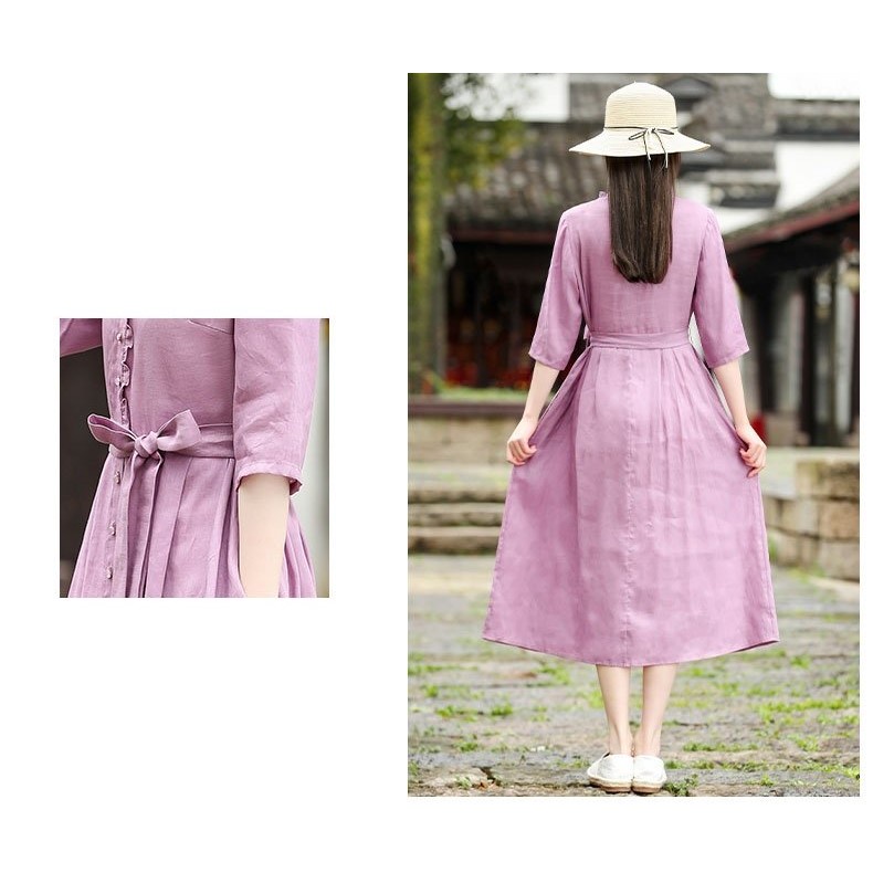 Đầm linen dáng dài thắt eo, thiết kế cổ trụ bèo xinh nữ tính Da62