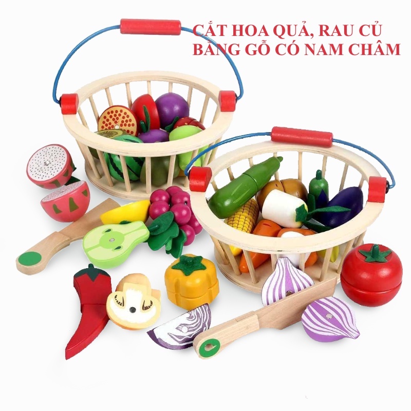 Đồ Chơi Cắt Hoa Quả Rau Củ Cho Bé Bằng Gỗ Siêu Đẹp Có Nam Châm Kèm Giỏ Đựng Tiện Lợi
