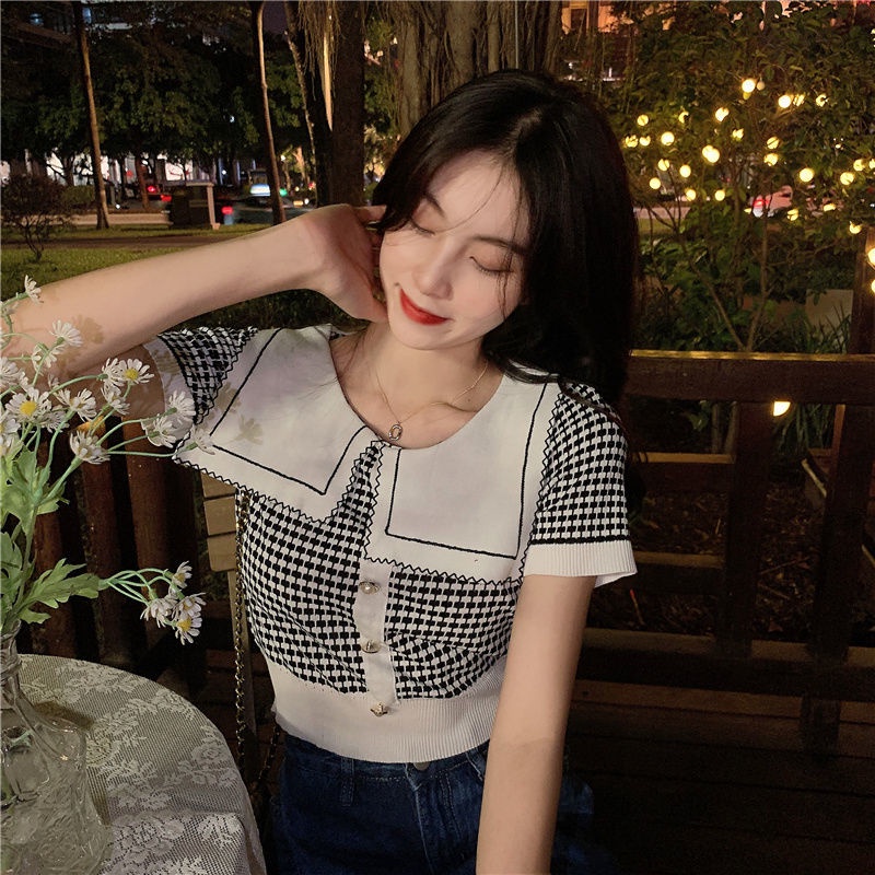 Áo dệt kim tay ngắn cổ búp bê thời trang mùa hè mới 2021 cho nữ