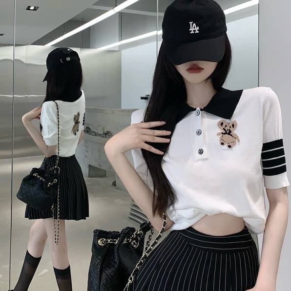 【Hana and Alice】Áo Thun POLO Dệt Kim Tay Ngắn Thêu Hình Gấu Dễ Thương