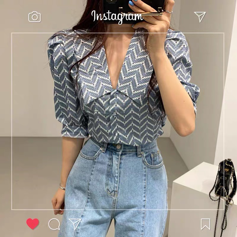Áo sơ mi công sở nữ ngắn tay phồng kẻ sọc họa tiết cổ bẻ V form rộng bigsize kiểu Hàn Quốc ulzzang xiaozhainv vn N-5