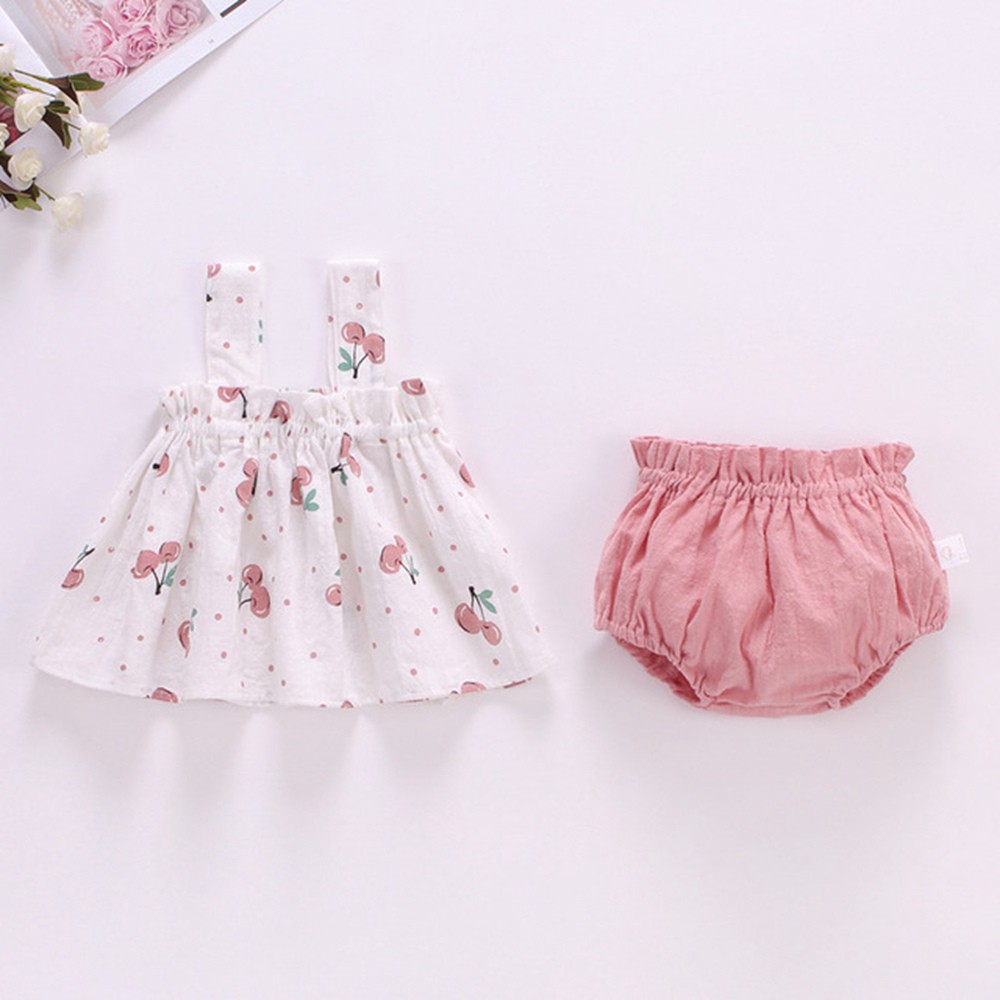 Set Đồ 2 Món Gồm Đầm In Hình Trái Cherry + Quần Lót Họa Tiết Trái Chanh Dễ Thương Cho Bé Gái
