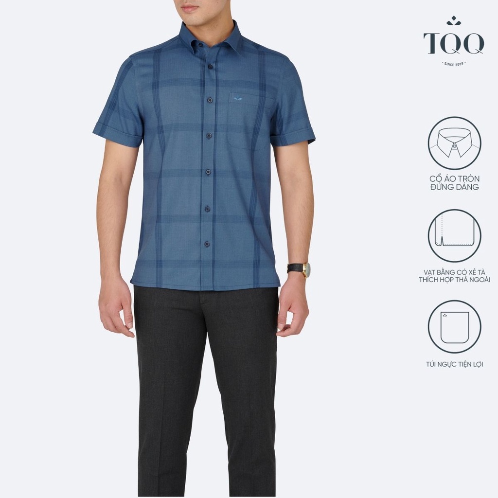 Áo sơ mi nam ngắn tay TQQ có co dãn hạn chế nhăn dáng Slimfit công sở ôm nhẹ K423CSC-CB màu xanh lông công