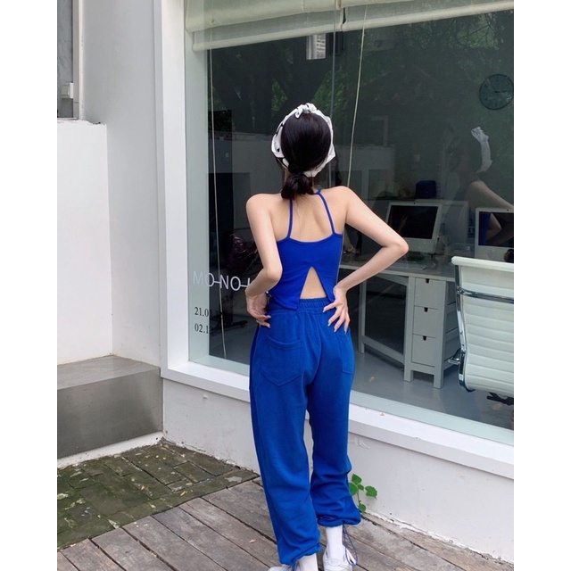 ( ORDER ) Set Thể Thao Áo Yếm 2 Dây Croptop Xẻ Lưng & Quần Dài Ống Bo Xanh Coban
