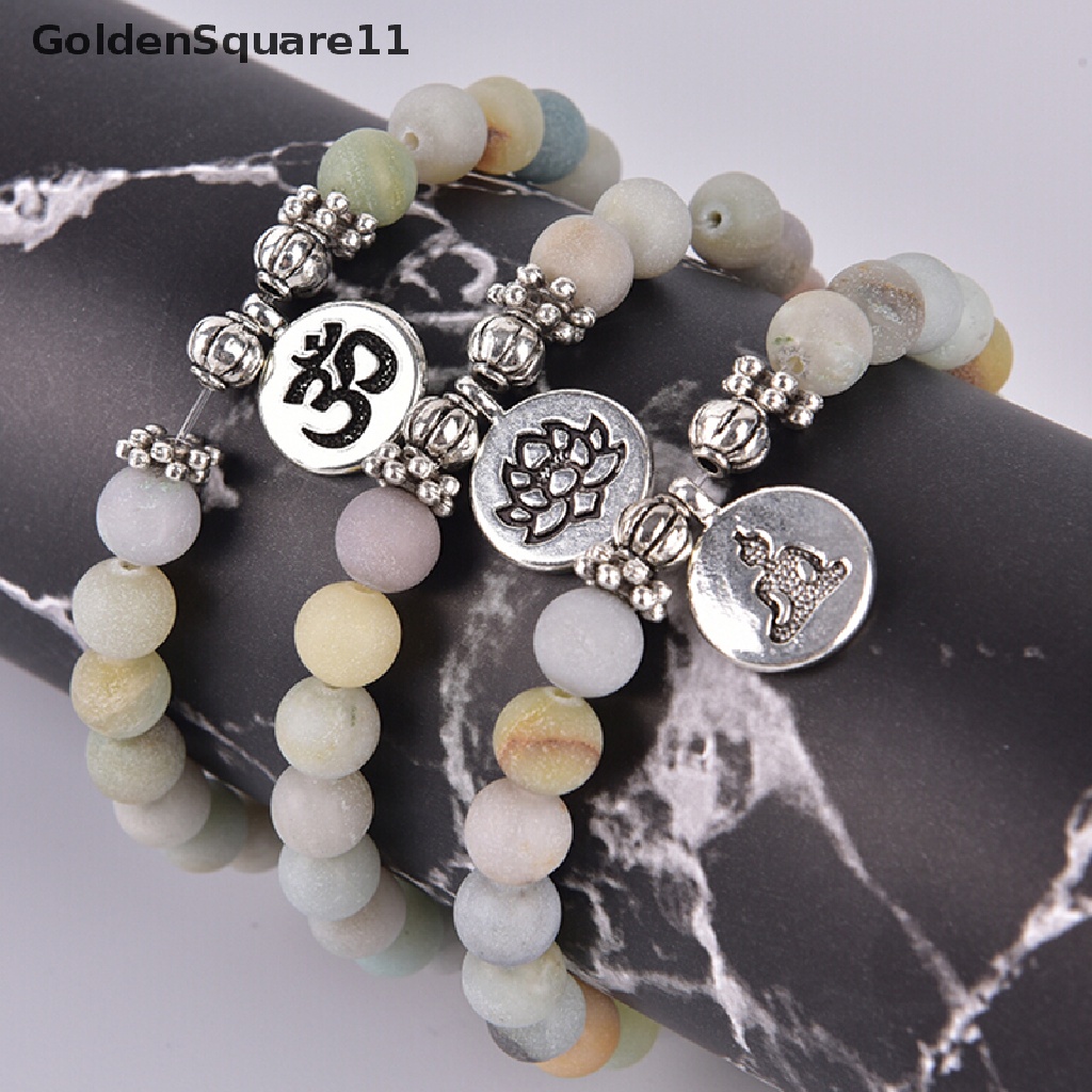 [GoldenSquare11] Women Men Matte Amazonite Stone Lotus Buddha Yoga Bracelets Chakra Mala Beads [GoldenSquare11]