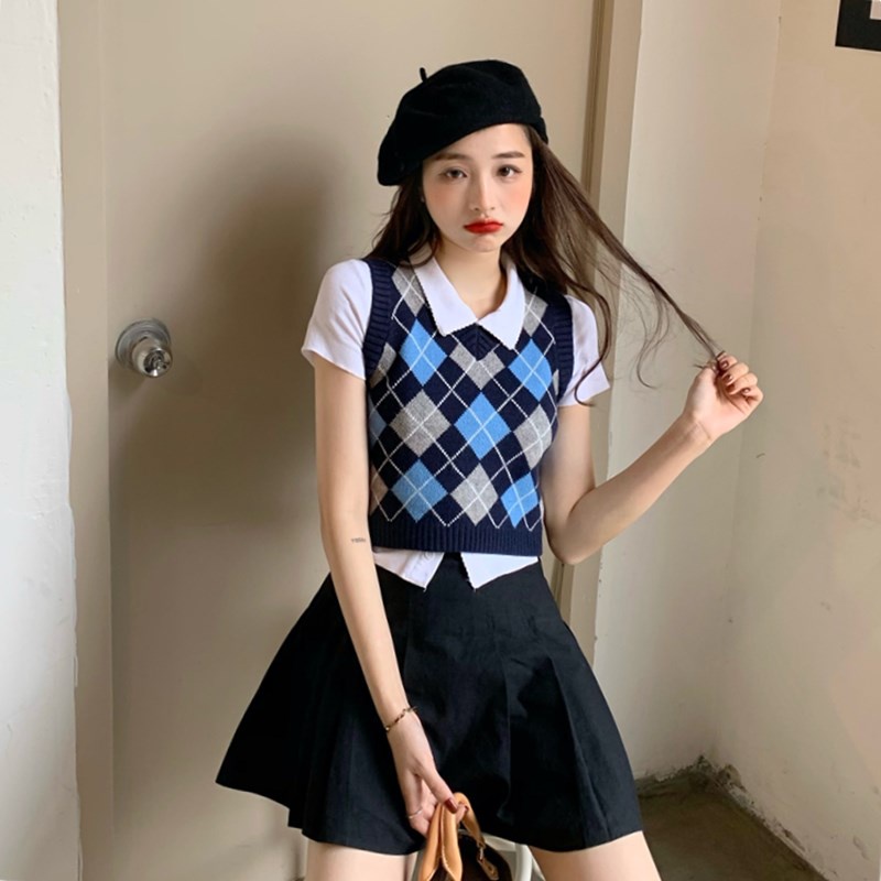 QKOOLE  Áo len không tay cổ chữ V họa tiết kim cương thời trang hàn quốc cho nữ