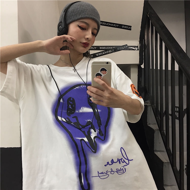 Áo Thun Tay Ngắn Dáng Rộng In Hình Mặt Cười Phong Cách Hip-Hop