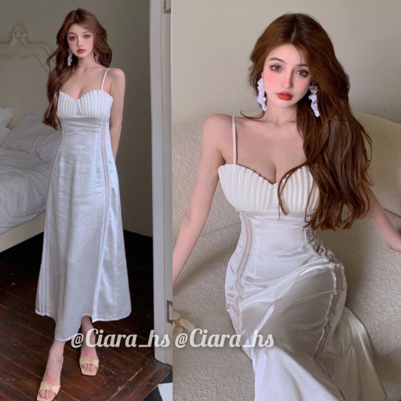 (K2) Váy đầm lụa hai dây Tiểu thư cúp ngực vỏ sò viền ren sang chảnh màu trắng kem loại đẹp