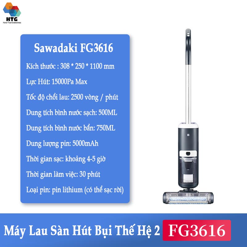 Máy lau nhà hút bụi Sawadaki FG3616 công nghệ mới 3 trong 1, tự động giặt giẻ 4s, nâng cấp lực hút 15000Pa, đa dạng sàn