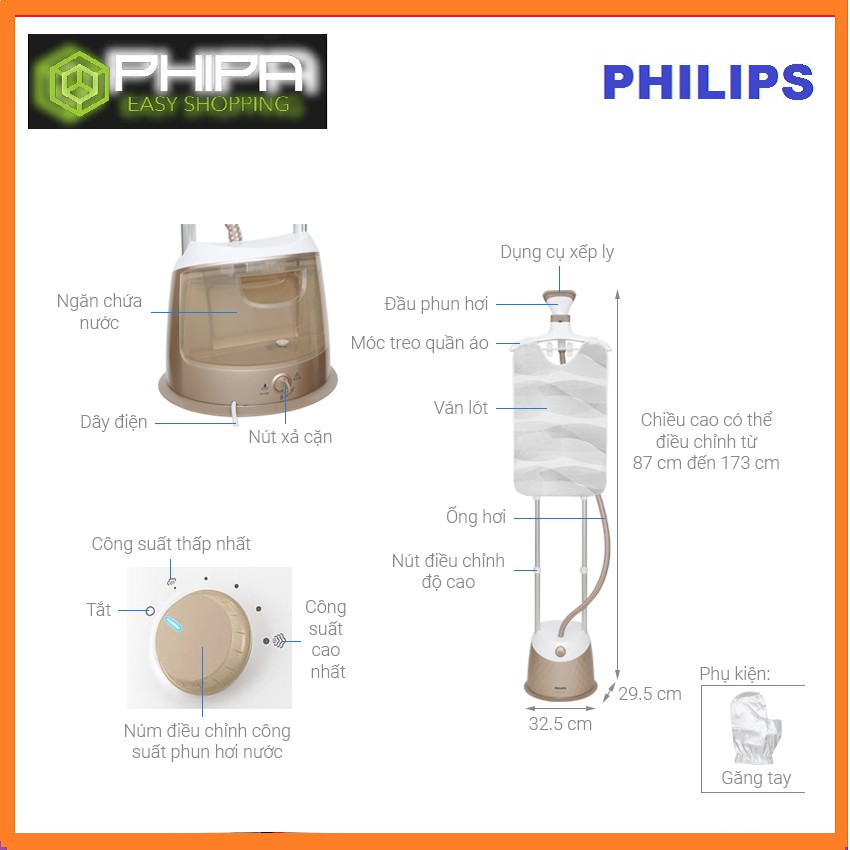 Bàn Ủi Hơi Nước Đứng Philips GC523 1600W - Hàng Phân Phối Chính Hãng -5 cấp độ hơi nước, Bình chứa nước 1.6 lít
