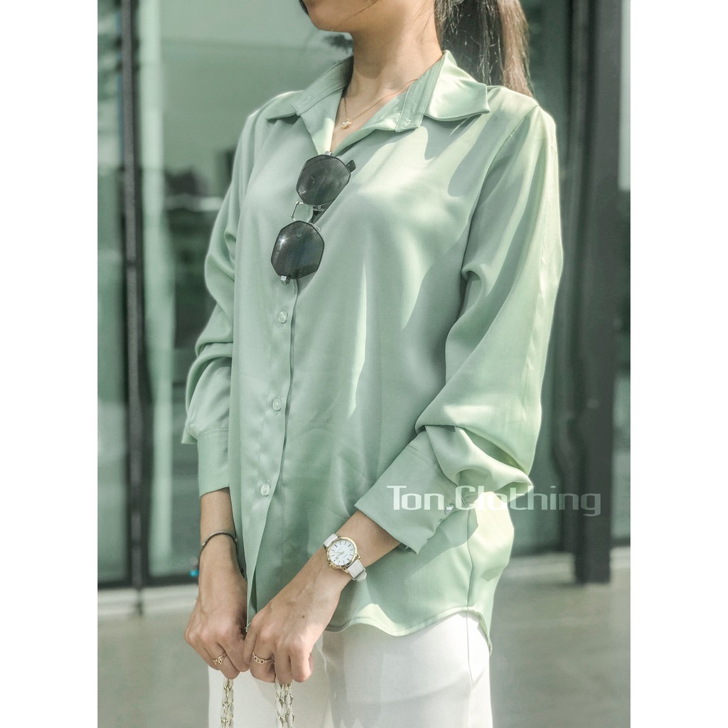 Áo sơmi nữ Ton.Clothing sơmi tay dài vải lụa MANGO dáng đẹp phù hợp đi làm đi chơi màu xanh mint SMI004