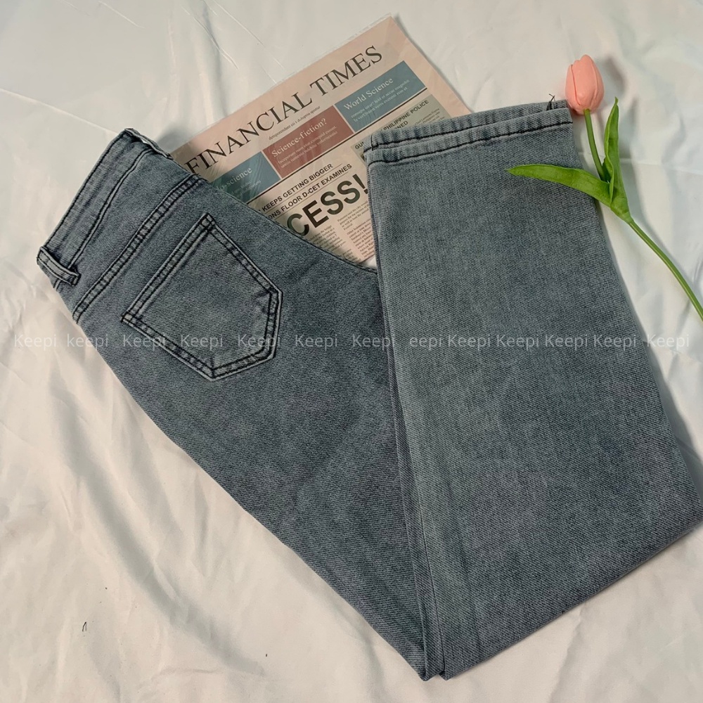 Quần Ống Suông Ghi Đá Cao Cấp KEEPI Quần Jeans Nữ Lưng Cao Ống Đứng