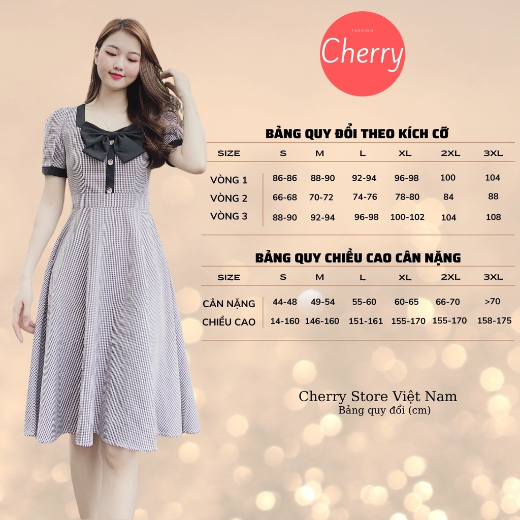Đầm công sở kẻ caro nhỏ thắt nơ, váy vintage dáng xòe xinh đẹp, ngắn tay xinh xắn phù hợp đi làm dự tiệc  Cherry - V038