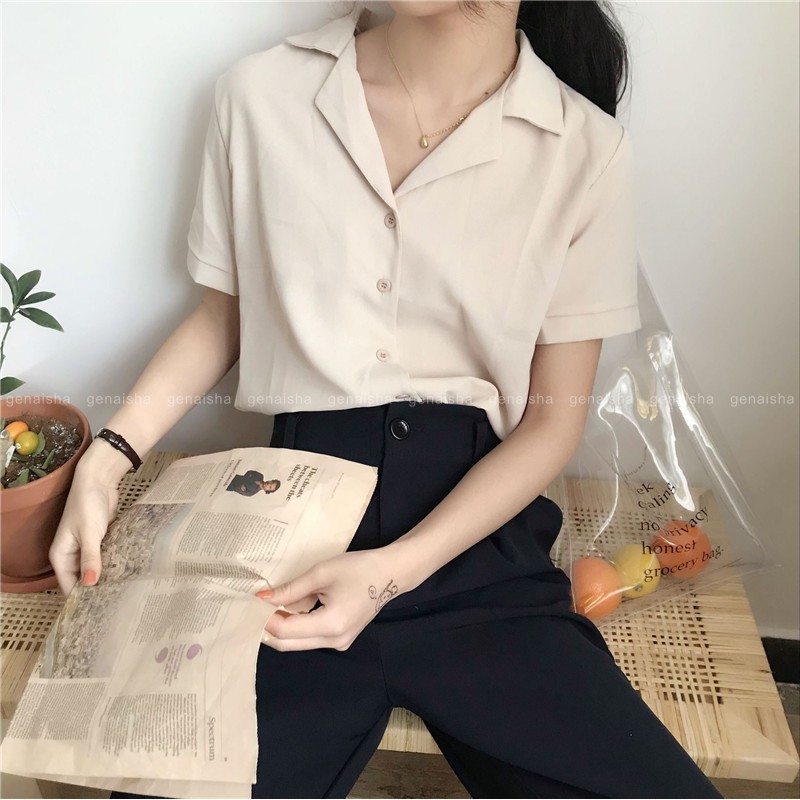 Áo Sơ Mi Chiffon Tay Ngắn Dáng Rộng Phối Hàng Nút Gns605