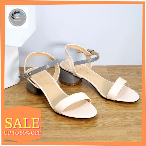 Giày sandal cao gót mũi tròn phối dây cao 3cm màu cam phối kem - EB019