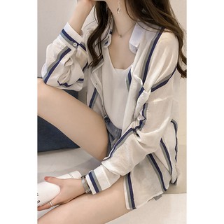 🌸Áo khoác sơ mi nữ mỏng tay dài kẻ sọc xám đen thời trang Hàn Quốc🌸
