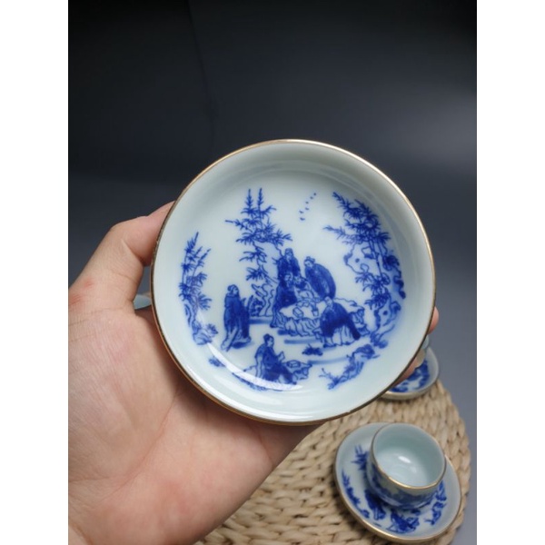 BỘ ẤM CHÉN BÁT TRÀNG MEN LAM TRÚC LÂM THẤT HIỀN QUAI NGANG 350ML