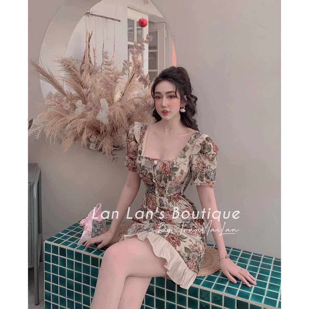 [Mã WASTMAY giảm 15% tối đa 30K đơn 150K] Đầm dáng xòe gấm hoa cao cấp phối nút - Flora Dress | BigBuy360 - bigbuy360.vn