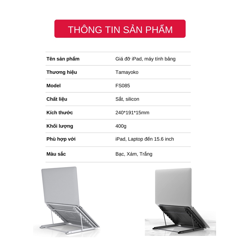 Giá Đỡ Latop, Macbook, Máy Tính Xách Tay Thiết Kế Lưới Tản Nhiệt 06 Nấc Điều Chỉnh Chiều Cao - Hàng Chính Hãng Tamayoko