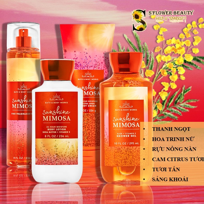 SUNSHINE MIMOSA | Bộ Sản Phẩm Gel Tắm - Dưỡng Thể - Xịt Thơm Nước Hoa Toàn Thân Lưu Hương Mịn Da Bath &amp; Body Works