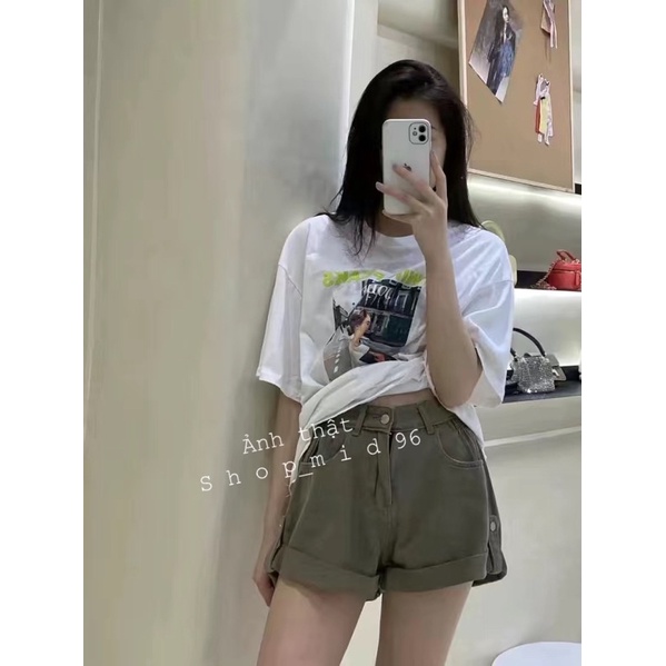 Quần  short jean màu xanh  xắn gấu chun lưng cạp cao bò mềm.(kèm ảnh thật)