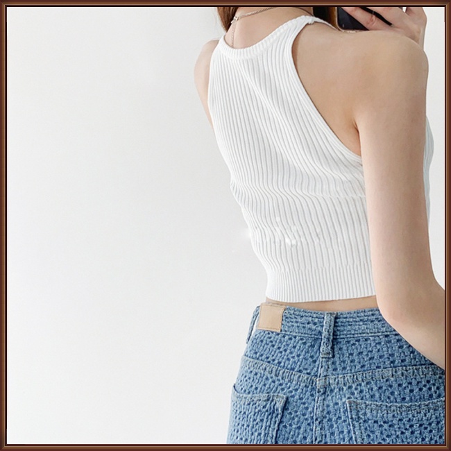 Áo Croptop Dệt Kim Sát Nách Màu Sắc Đơn Giản Phong Cách Retro