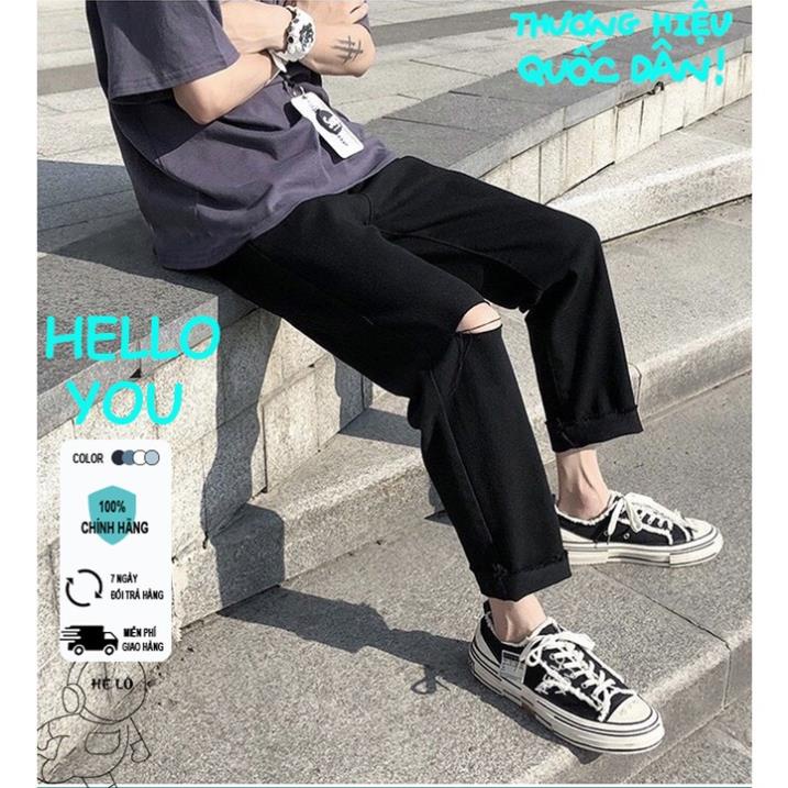 Quần jean nam baggy rách gối ống rộng chất bò cao cấp helloyou Xịn