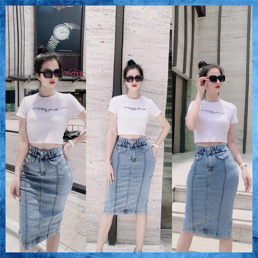 [Jeans nữ thiết kế] Chân váy bò trơn dáng dài qua gối, chân váy jeans lưng cao phối gân 2 khuy. Mã V1140