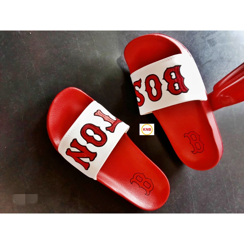 Dép unisex 𝐌𝐋𝐁 𝐁𝐎𝐒𝐓𝐎𝐍 ❤️FREESHIP + Hộp❤️ dép quai ngang nam nữ,dép mlb quai ngang thể thao nam nữ thêu chữ màu trắng đỏ
