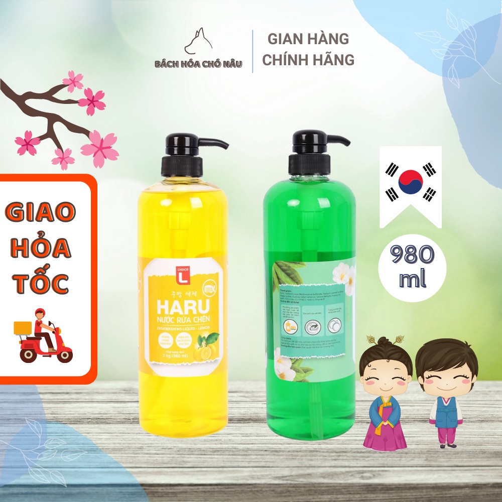 Nước Rửa Chén Hàn Quốc Haru Choice L 980ML/ Chai An Toàn Dịu Nhẹ Đánh Bay Vết Bẩn [ Hàng Chính Hãng]